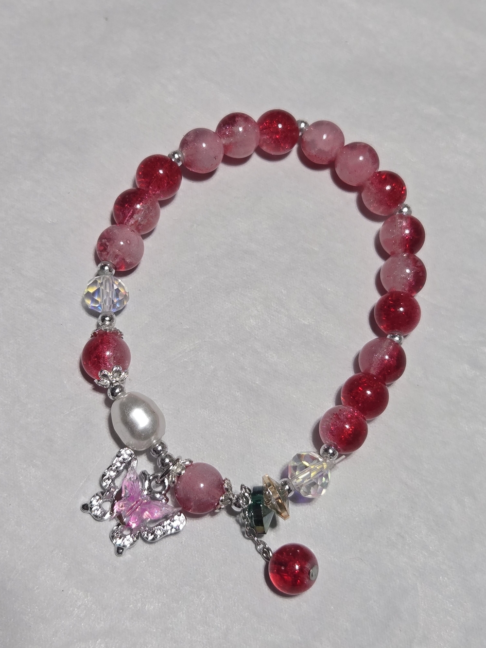 8mm- Pink Beaded Bracelet with Butterfly Charm